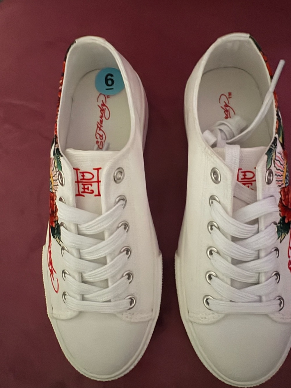Ed Hardy White Canvas Low-Top Sneakers with Red & Green Floral Embroidery